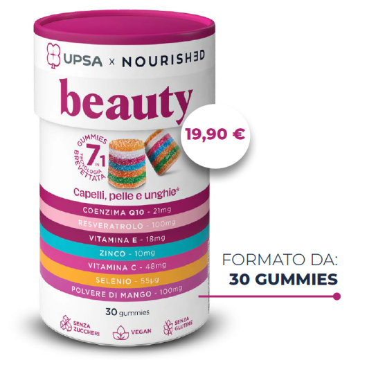 Upsa X Nourished Beauty- 30 Caramelle gommose - Integratore con coenzima Q10 e resveratrolo per il supporto di pelle unghie e capelli