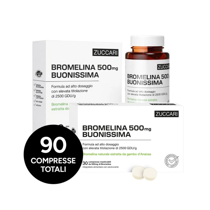 Bromelina Buonissima 500mg - Special Pack - Zuccari - 90 compresse– Integratore Drenante e Digestivo ad Alto Dosaggio Enzimatico 2500 GDU/g