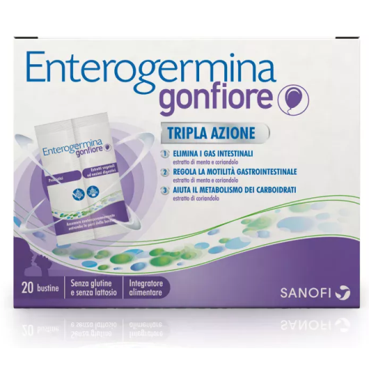 Enterogermina Gonfiore - Opella - 20 Bustine - Integratore alimentare che aiuta a contrastare il gonfiore della pancia, l'aerofagia, la tensione addominale e lo squilibrio della flora batterica intestinale