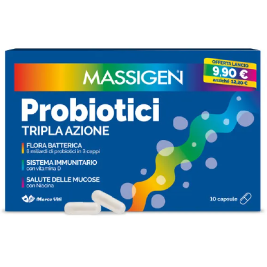 Massigen Probiotici Tripla Azione Integratore per Flora Batterica 10 Capsule