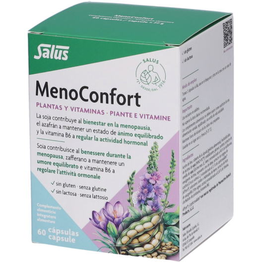 Salus MenoConfort - 60 Capsule – Integratore per Menopausa: Contrasta Vampate, Sbalzi d'Umore e Sudorazioni con Isoflavoni di Soia e Zafferano