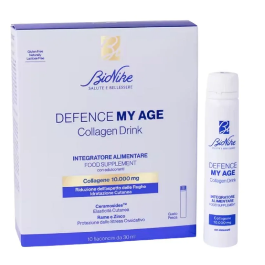 Defence My Age - BioNike - Collagene Drink 10 Flaconcini – Integratore Anti-Età Intensivo con 10.000 mg di Collagene Marino e Ceramosides