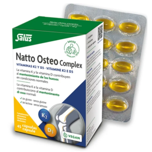 Salus Natto Osteo Complex - 45 Capsule – Integratore Ossa con Vitamina K2 MenaQ7®, Vitamina D3 Vegana e Olio di Lino