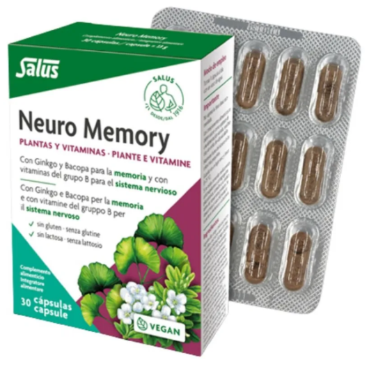 Salus Neuro Memory - 30 Capsule – Integratore per Memoria, Concentrazione e Funzioni Cognitive con Ginkgo Biloba e Bacopa Monnieri