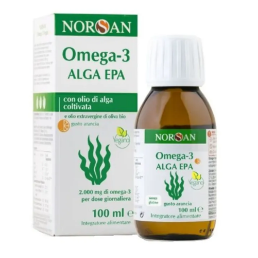 NORSAN Omega-3 Alga EPA 100ml – Integratore Vegano Liquido ad Alto Dosaggio: EPA e DHA Vegetali, Vitamina D3 e Olio d'Oliva Bio – Gusto Arancia