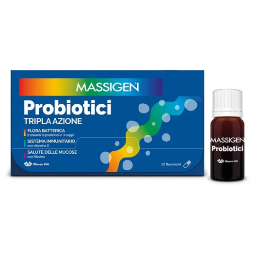 Massigen Probiotici Tripla Azione 10 Flaconcini – Fermenti Lattici Vivi con 8 Miliardi di Probiotici, Niacina e Vitamina D