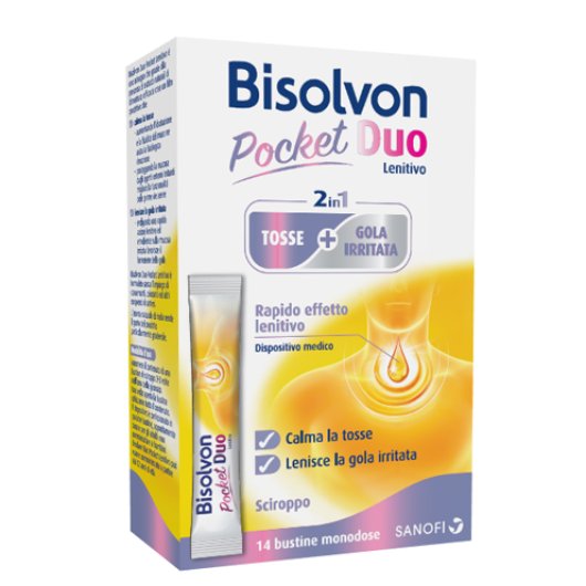 Bisolvon Duo Pocket - Opella - 14 bustine - Pratiche bustine monodose ad azione lenitiva in caso di gola irritata e tosse (secca e grassa)