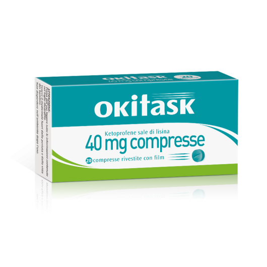 Okitask 40 mg - Dompé - 20 compresse - Farmaco utile nel trattamento dei dolori come mal di testa, mal di denti, nevralgie, dolori mestruali, dolori muscolari e osteoarticolari