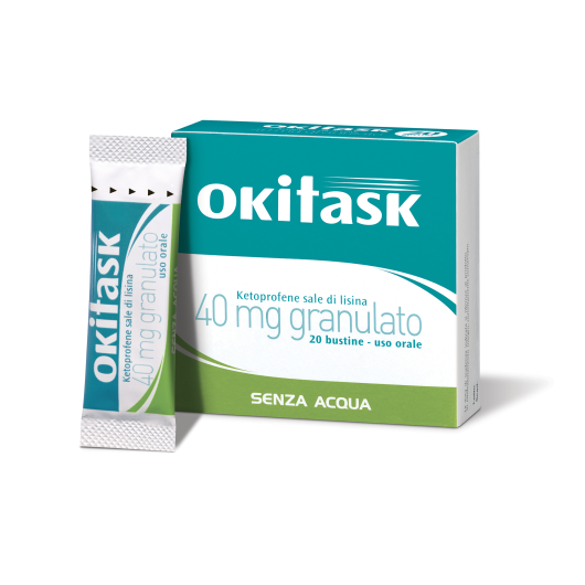 Okitask 40 mg - Dompé - 20 Bustine - Farmaco utile nel trattamento dei dolori come mal di testa, mal di denti, nevralgie, dolori mestruali, dolori muscolari e osteoarticolari