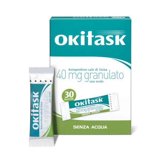 Okitask 40 mg - Dompé - 30 Bustine - Farmaco utile nel trattamento dei dolori come mal di testa, mal di denti, nevralgie, dolori mestruali, dolori muscolari e osteoarticolari