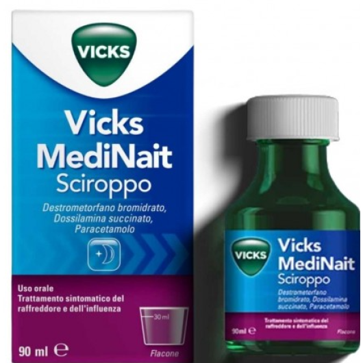 Vicks Medinait Sciroppo 90ml – Trattamento Notturno per Raffreddore, Febbre, Tosse e Dolori