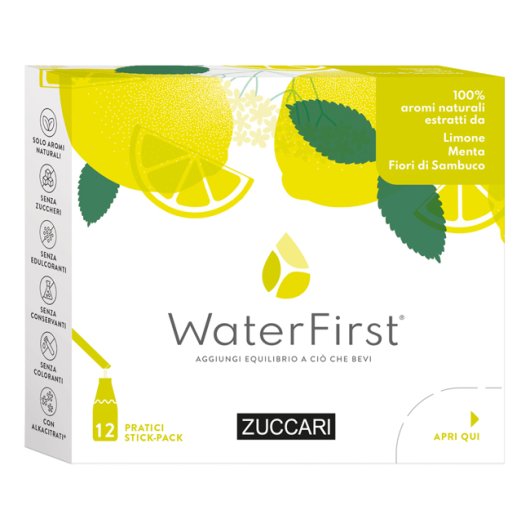 WaterFirst Limone Menta Fiori di Sambuco - Zuccari - 12 stick-pack - Aromatizzatore per acqua con veri aromi estratti da fiori, frutta e piante