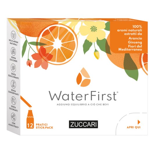 WaterFirst Arancio Ginseng Fiori del Mediterraneo - Zuccari - 12 stick-pack - Aromatizzatore per acqua con veri aromi estratti da fiori, frutta e piante