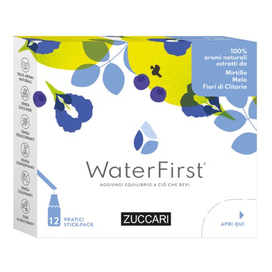 WaterFirst Mirtillo Mela Fiori di Clitoria - Zuccari - 12 stick-pack - Aromatizzatore per acqua con veri aromi estratti da fiori, frutta e piante