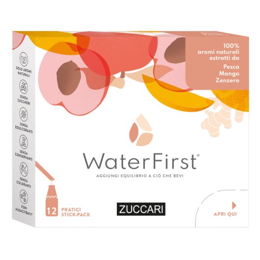 WaterFirst Pesca Mango Zenzero - Zuccari - 12 stick-pack - Aromatizzatore per acqua con veri aromi estratti da fiori, frutta e piante