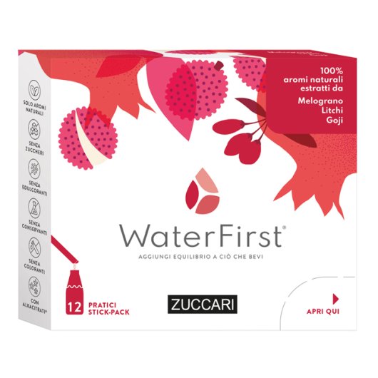 WaterFirst Melograno Litchi Goji - Zuccari - 12 stick-pack - Aromatizzatore per acqua con veri aromi estratti da fiori, frutta e piante