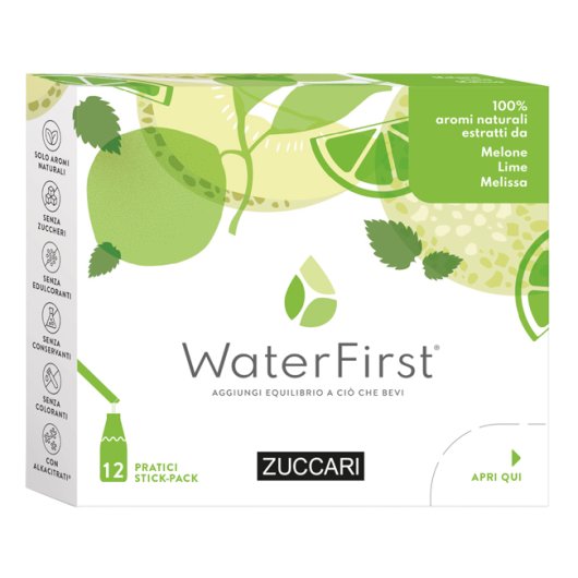 WaterFirst Melone Lime Melissa - Zuccari - 12 stick-pack - Aromatizzatore per acqua con veri aromi estratti da fiori, frutta e piante