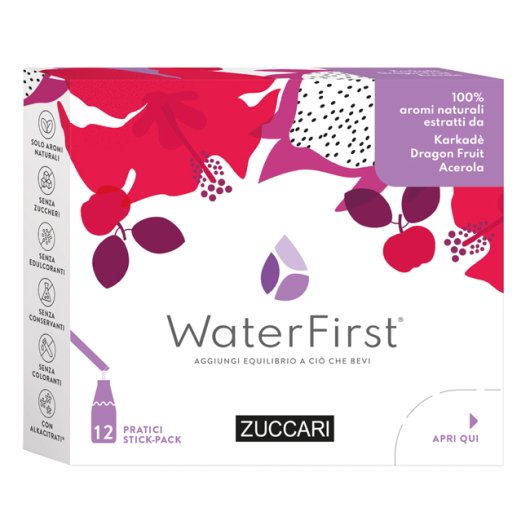 WaterFirst Karkadè Dragon Fruit Acerola - Zuccari - 12 stick-pack - Aromatizzatore per acqua con veri aromi estratti da fiori, frutta e piante