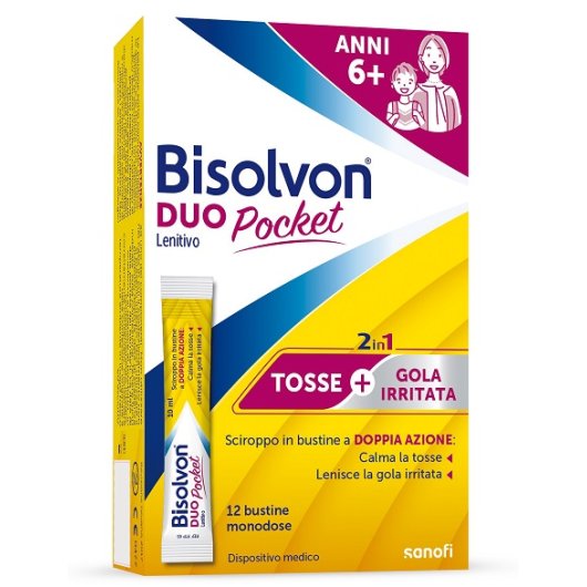 Bisolvon Duo Pocket - Opella - 12 bustine - Pratiche bustine monodose ad azione lenitiva in caso di gola irritata e tosse (secca e grassa)