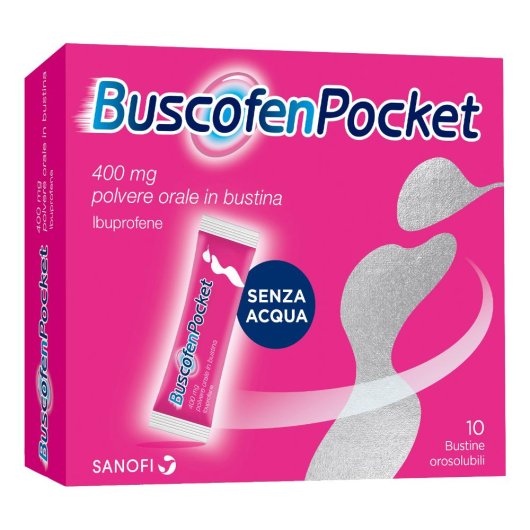 Buscofen Pocket - Opella - 10 bustine - Trattamento sintomatico di dolori d’intensità lieve-moderata come cefalea, mal di denti, dismenorrea