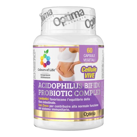 Colours of Life - Acidophilus Bifido Probiotic Complex - Optima Naturals - 60 capsule vegetali - Integratore alimentare con probiotici che favoriscono l'equilibrio della flora intestinale