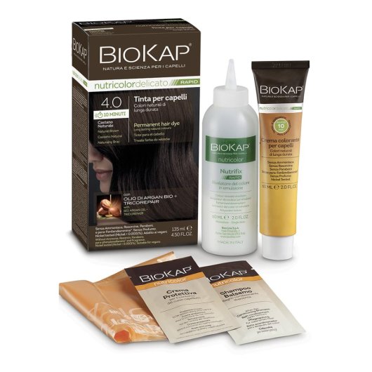 BioKap - Nutricolor - Delicato Rapid (4,0 Castano naturale) - Bios Line - 135 ml - Tinta che aiuta a coprire i capelli bianchi più velocemente delle altre colorazioni