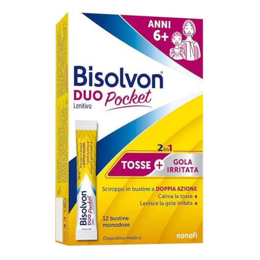 Bisolvon Duo Pocket - Opella - 12 bustine - Pratiche bustine monodose ad azione lenitiva in caso di gola irritata e tosse (secca e grassa)