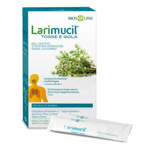 Larimucil Tosse e Gola - Bios Line - 12 bustine - Trattamento a doppia azione: lenisce la mucosa irritata e contrasta la tosse secca