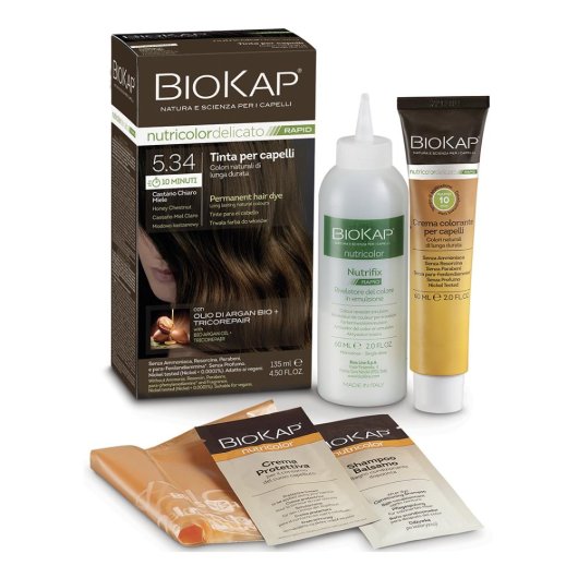 BioKap -  Nutricolor - Delicato Rapid (5,34 Castano Chiaro Miele) - Bios Line - 135 ml - Tinta che aiuta a coprire i capelli bianchi più velocemente delle altre colorazioni