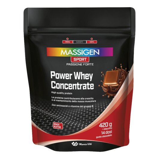 Power Whey 100% Concentrate (Cioccolato) - Massigen Sport - Busta da 420 grammi - Proteine concentrate per la crescita della massa muscolare