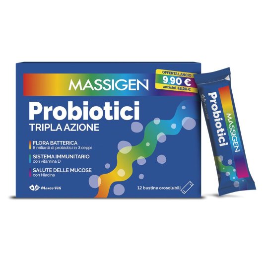 Massigen Probiotici Tripla Azione Fermenti Lattici Integratore per Flora Batterica -12 Stickpack