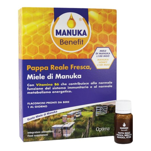 MANUKA BENEFIT - Pappa reale fresca, miele di Manuka e vitamina B6 - Optima Naturals - 10 flaconcini - Flaconcini pronti da bere per la funzionalità delle prime vie respiratorie