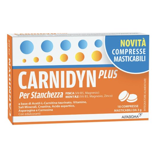 Carnidyn Plus - Alfasigma - 18 compresse masticabili - Integratore alimentare con Carnitina, dona il giusto apporto vitaminico all'organismo