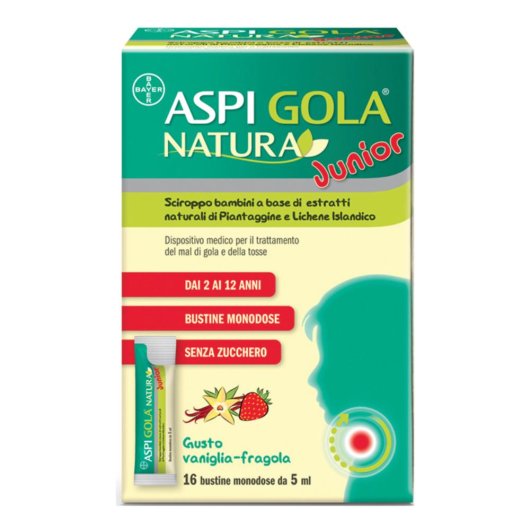 Aspi Gola Natura - Junior - Bayer - 16 bustine monodose da 5 ml - Medicinale in sciroppo per il trattamento della tosse e del mal di gola