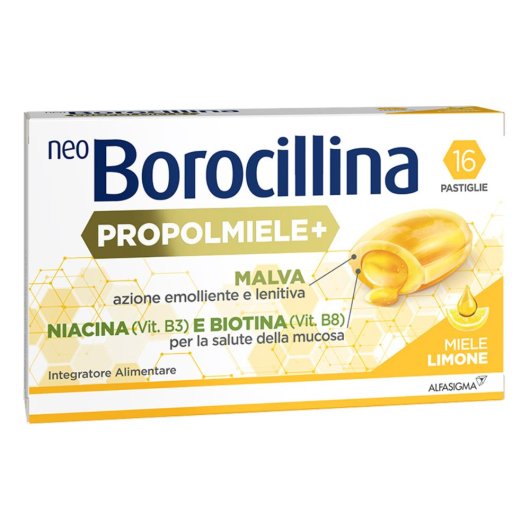 Neoborocillina Propolmiele+ (Miele/Limone) - Alfasigma - 16 pastiglie - Pastiglie ad azione lenitiva che aiuta a ridurre i fastidi e le irritazioni della gola