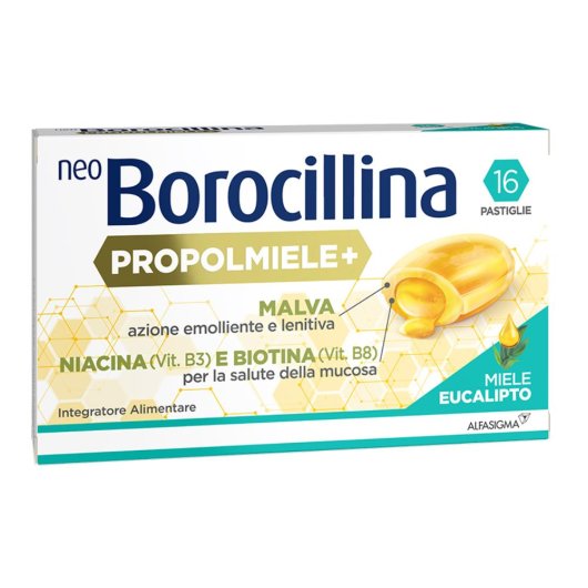 Neoborocillina Propolmiele+ (Miele/Eucalipto) - Alfasigma - 16 pastiglie - Pastiglie ad azione lenitiva che aiuta a ridurre i fastidi e le irritazioni della gola