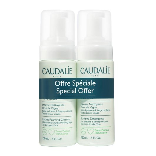 Caudalie Vinoclean Schiuma Detergente - 2 flaconi da 150 ml - Detergente in mousse delicata che rimuove il make-up e le impurità cutanee lasciando la pelle morbida ed idratata