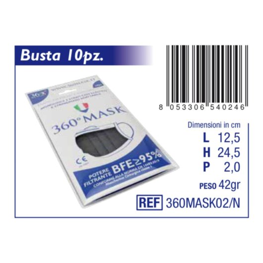 MASCHERINA CHIR NERA 360MASK 10P