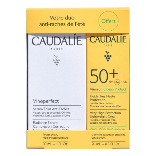 Caudalie Vinoperfect Siero Anti-Macchie + Vinosun Protect Crema Solare - Siero + Crema solare - Cofanetto per un'abbronzatura luminosa e prolungata, senza macchie