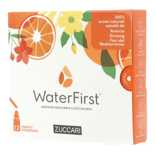 WaterFirst Arancio Ginseng Fiori del Mediterraneo - Zuccari - 12 stick-pack - Aromatizzatore per acqua con veri aromi estratti da fiori, frutta e piante