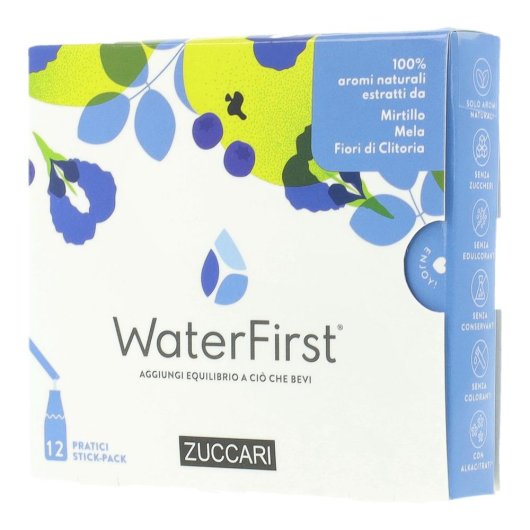 WaterFirst Mirtillo Mela Fiori di Clitoria - Zuccari - 12 stick-pack - Aromatizzatore per acqua con veri aromi estratti da fiori, frutta e piante
